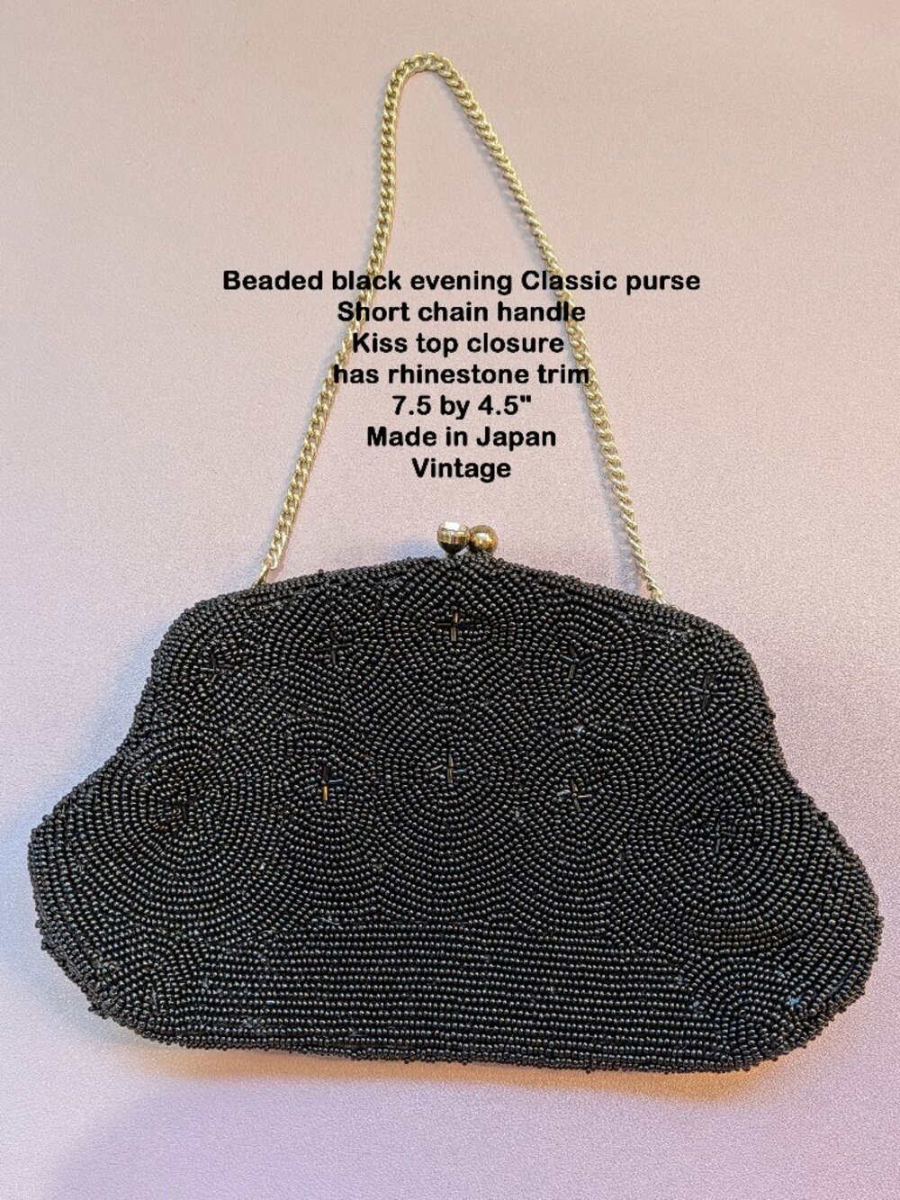 Beaded black evening Classic bag, Short chain handle, Kiss top clasp, Made Japan